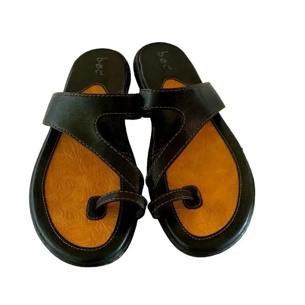 B.O.C. Women's Flat Sandals Slip-on Slides Flip Flops Black Faux Leather Size 11